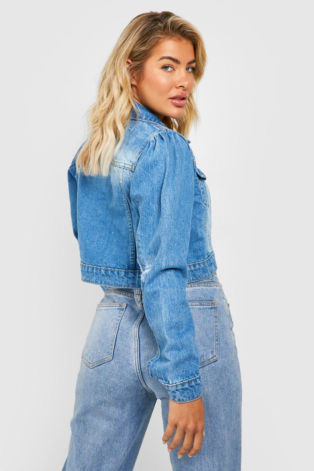 Distressed Puff Shoulder Detail Denim Jacket